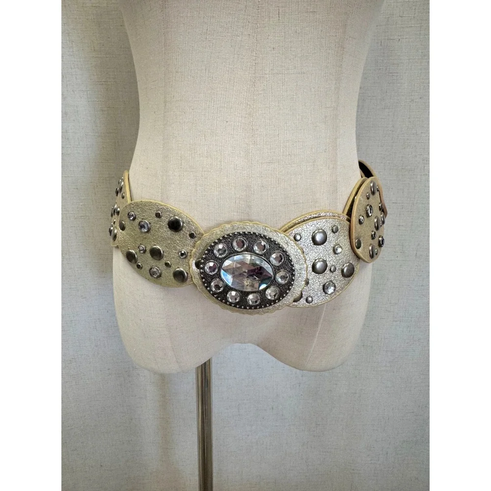 Concho Disc Belt Moroccan Style Gold Large/XL Rhinestone Studded Boho Wide‎ Y2K